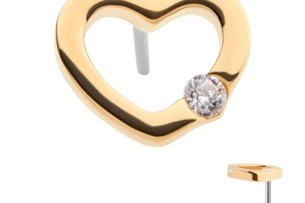 The 14K Heart w/ Gem stud earring is a gold heart-shaped design with an open center and a single round clear gemstone set on one side, featuring a visible post at the back.