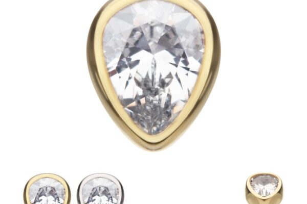 The 14K Pear Bezel Gem earring is shown in a teardrop-shaped gold setting, with smaller images featuring the silver setting, a side view, and both gold and silver color options together.