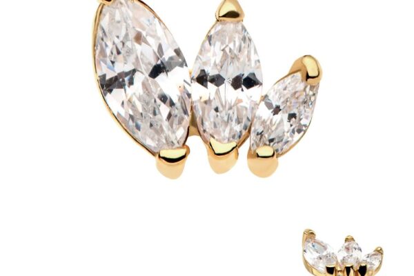The 14K Marquise Descending Cluster is a gold stud earring with three clear marquise gemstones set in a fan shape. Gold prongs hold each gem. A smaller side view of the earring appears in the lower right corner.