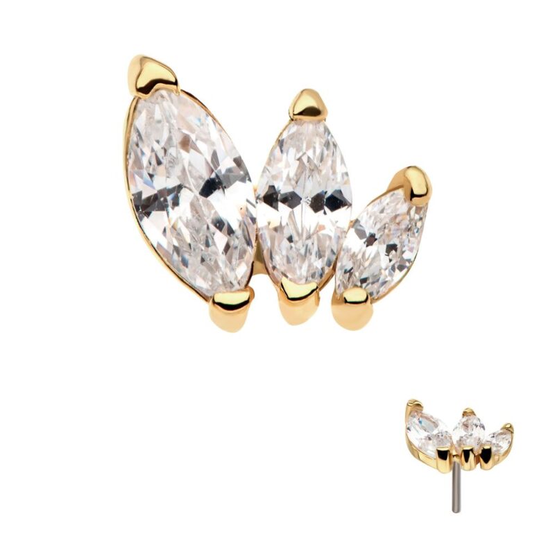 The 14K Marquise Descending Cluster is a gold stud earring with three clear marquise gemstones set in a fan shape. Gold prongs hold each gem. A smaller side view of the earring appears in the lower right corner.