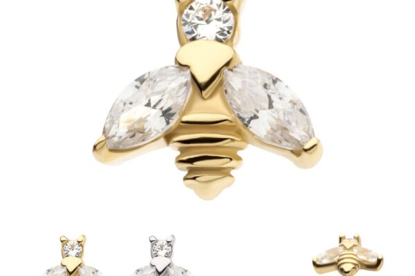 The 14K Marquise Bee stud earring features marquise-cut gemstone wings. Images show both gold and silver finishes, plus a side view highlighting the secure post backing.