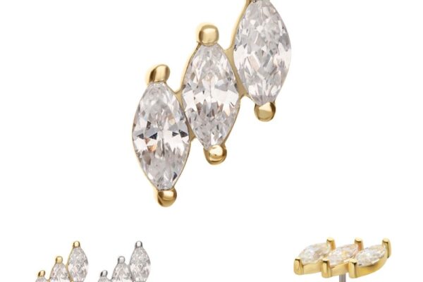 The 14K Staggered Marquise Gem features three marquise gemstones set in a row with gold prongs, showcased in both silver and gold settings from multiple angles against a white background.