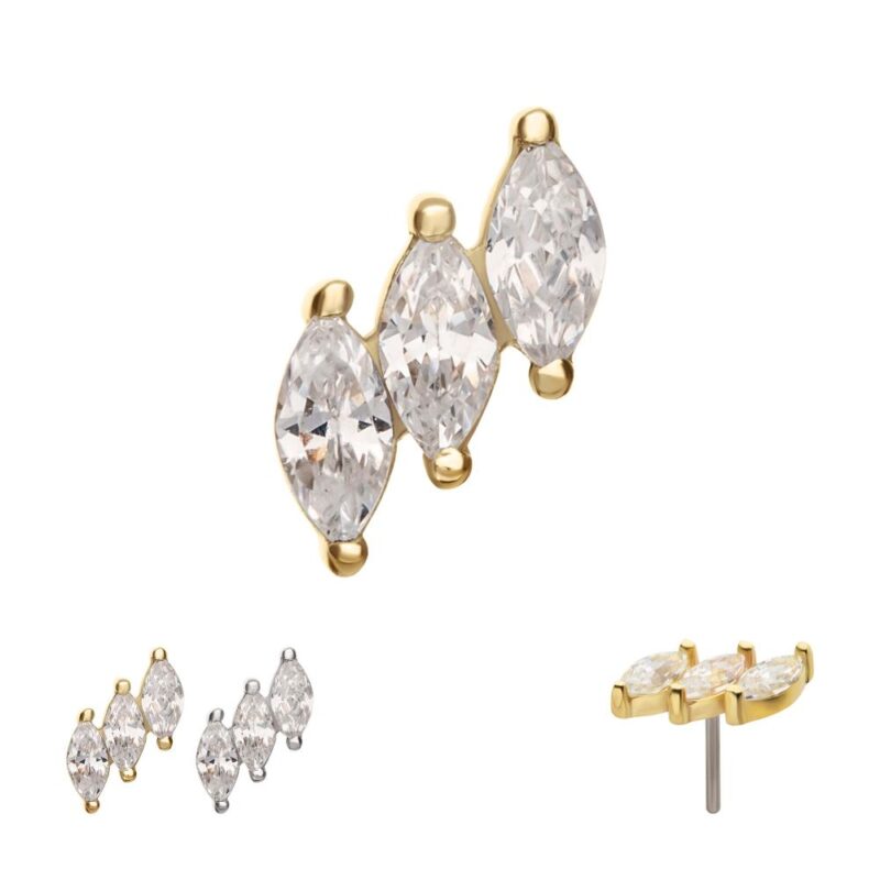 The 14K Staggered Marquise Gem features three marquise gemstones set in a row with gold prongs, showcased in both silver and gold settings from multiple angles against a white background.