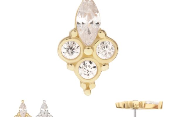 The 14K Marquise & Triple Round Gem stud earring features a marquise-cut center stone above a trio of round gems, shown in gold and silver from front and side views.