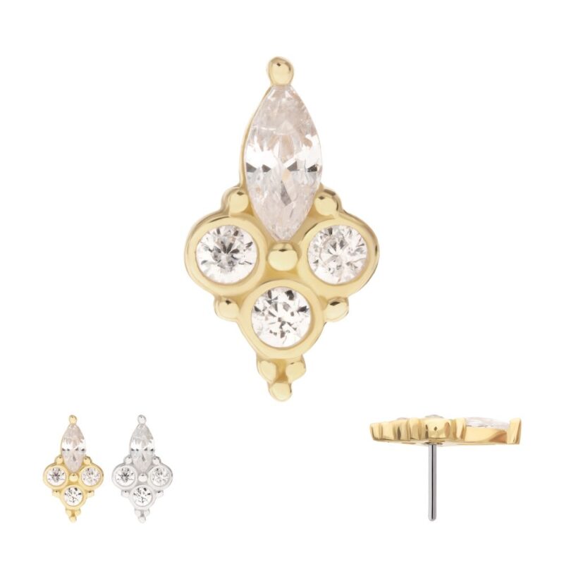 The 14K Marquise & Triple Round Gem stud earring features a marquise-cut center stone above a trio of round gems, shown in gold and silver from front and side views.