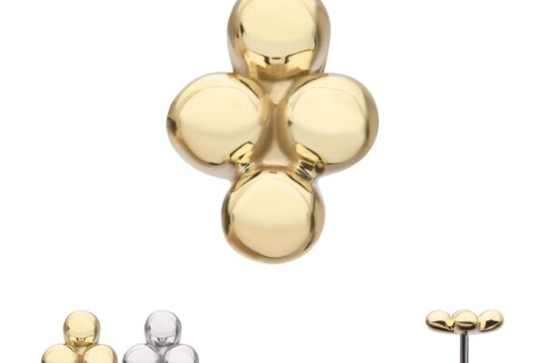 The 14K 4-Beads earring features four rounded gold beads in a cross shape. Alternate images display the silver version, a side view, and both gold and silver styles together.