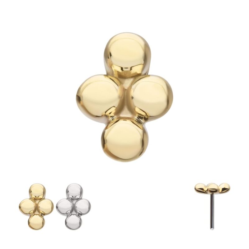 The 14K 4-Beads earring features four rounded gold beads in a cross shape. Alternate images display the silver version, a side view, and both gold and silver styles together.