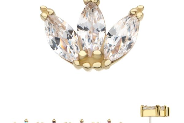 The 14K Beaded Edge Marquise Fan gold stud earring features a lotus-inspired shape with clear marquise-cut stones. Available in blue, purple, clear, and pink. A side view also displays the earring post.