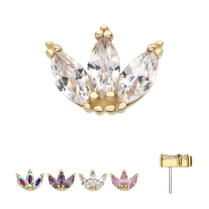 The 14K Beaded Edge Marquise Fan gold stud earring features a lotus-inspired shape with clear marquise-cut stones. Available in blue, purple, clear, and pink. A side view also displays the earring post.