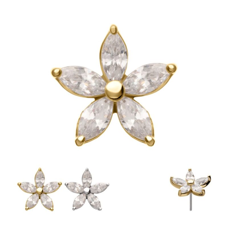 The 14K 5 Petal Marquise Flower stud earring features five marquise-cut clear stones set in gold. Three extra views show the earring in gold and silver settings from multiple angles.