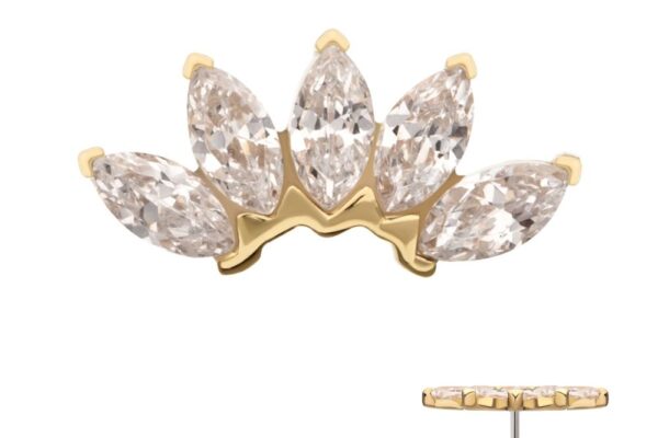 The 14K 5-Cluster Marquise Fan gold earring features five marquise-cut gemstones in a fan design and is shown in purple, blue, gold, and clear variations, plus a side view displaying the post.