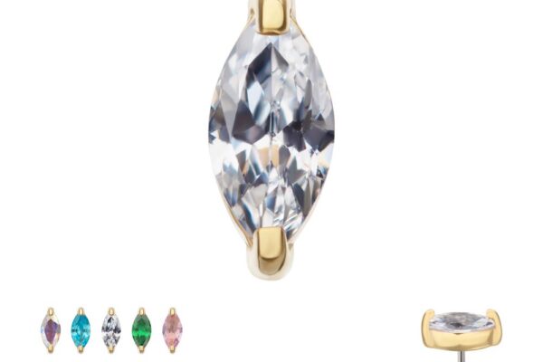 A close-up of the 14K Marquise Prong earring showcases its gold setting. Below, the earring is displayed in multiple gemstone colors, with a side view highlighting its post and refined gold prong details.