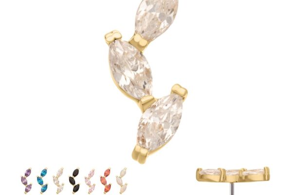 The 14K Marquise Vine gold earring features three marquise-cut clear stones, shown from the front and side. It’s available in 12 colors, including blue, pink, black, white, and brown stones.