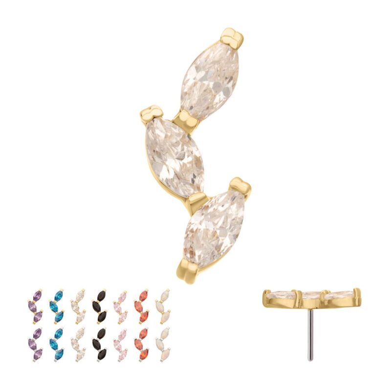 The 14K Marquise Vine gold earring features three marquise-cut clear stones, shown from the front and side. It’s available in 12 colors, including blue, pink, black, white, and brown stones.