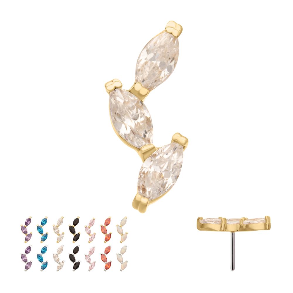 The 14K Marquise Vine gold earring features three marquise-cut clear stones, shown from the front and side. It’s available in 12 colors, including blue, pink, black, white, and brown stones.