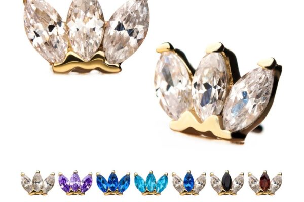 The 14K Triple Marquise Cluster stud earrings feature three marquise-cut stones in gold settings, available in colors such as clear, purple, blue, green, black, turquoise, red, and opal.
