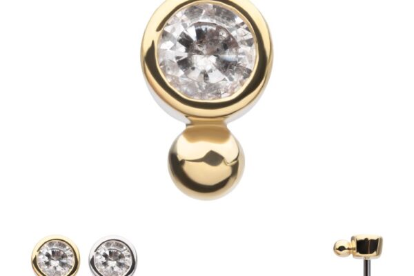 The 14K Bezel Gem w/ Bead earring features a round clear gemstone in a bezel setting with bead detail and a small gold ball below. Additional images show both silver and gold color options, plus a side view of the post.