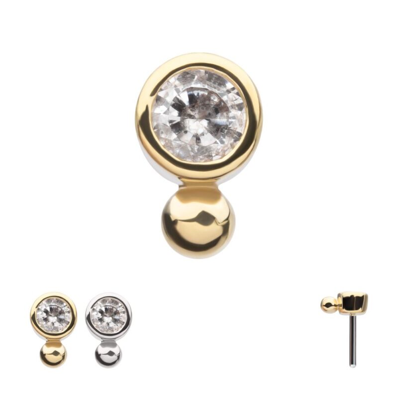 The 14K Bezel Gem w/ Bead earring features a round clear gemstone in a bezel setting with bead detail and a small gold ball below. Additional images show both silver and gold color options, plus a side view of the post.