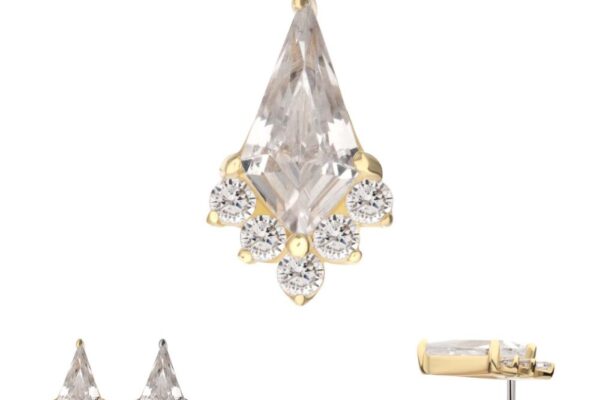 The 14K Kite stud earring features a large, clear, kite-shaped gemstone set in 14K gold and accented by four small round diamonds at the base. Additional images show side and profile views on a white background.