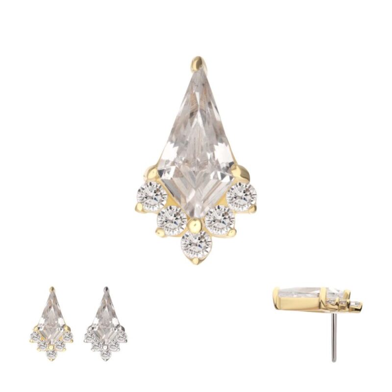 The 14K Kite stud earring features a large, clear, kite-shaped gemstone set in 14K gold and accented by four small round diamonds at the base. Additional images show side and profile views on a white background.