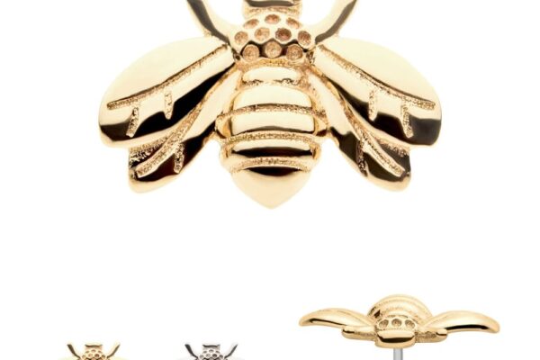 The 14K Gold Bee stud earring is displayed from the front, side, and beside a similar silver piece. It highlights intricate wings, a textured body, and features a comfortable flat back post.