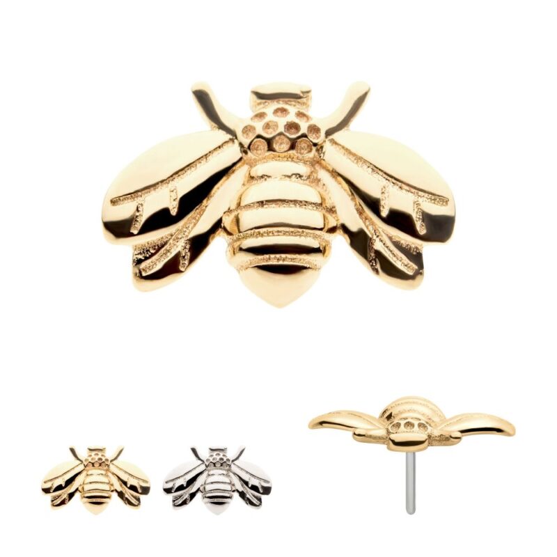 The 14K Gold Bee stud earring is displayed from the front, side, and beside a similar silver piece. It highlights intricate wings, a textured body, and features a comfortable flat back post.