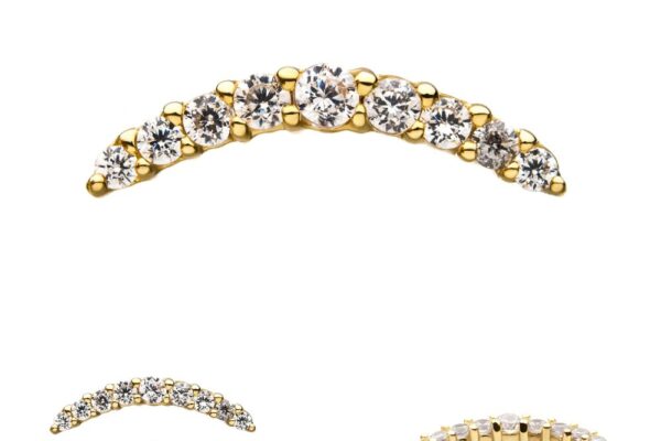 The 14K 9 Gem Curve Bar earring, featuring round white gemstones, is displayed from several angles—including a side view—as well as in a silver version with similar gemstone accents.