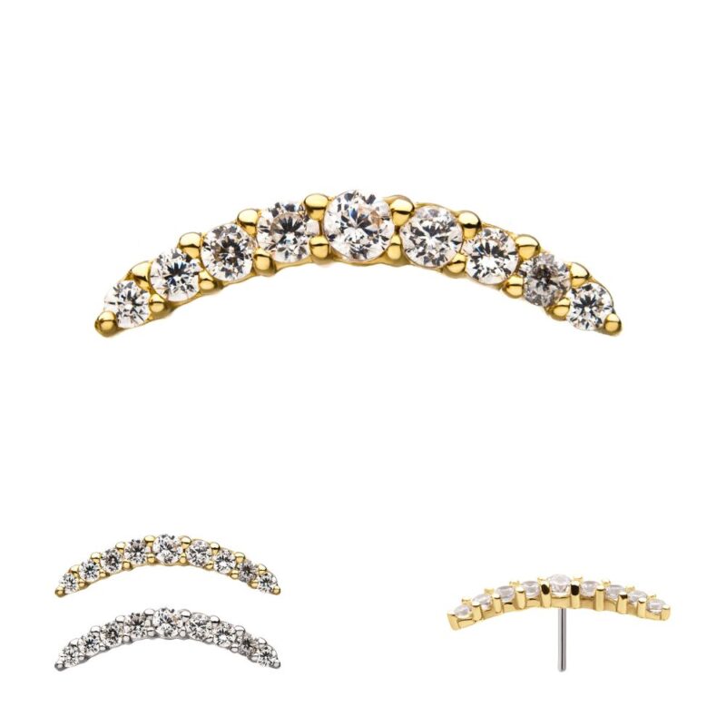 The 14K 9 Gem Curve Bar earring, featuring round white gemstones, is displayed from several angles—including a side view—as well as in a silver version with similar gemstone accents.