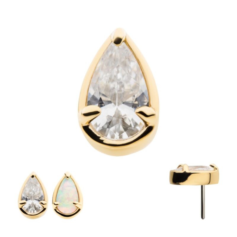 The 14k Pear Prong features a pear-shaped clear gemstone in a bezel setting, secured by two prongs at the bottom. Shown from the front, side, and next to an opal version for comparison.