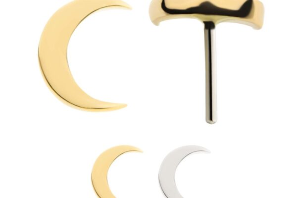 Three crescent moon-shaped stud earrings are shown against a white background: the 14K Plain Crescent Moon gold earring with a visible post, another gold crescent, and one silver crescent.
