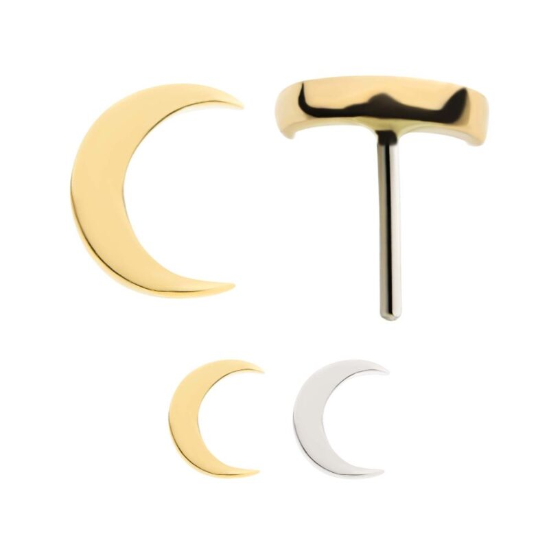 Three crescent moon-shaped stud earrings are shown against a white background: the 14K Plain Crescent Moon gold earring with a visible post, another gold crescent, and one silver crescent.