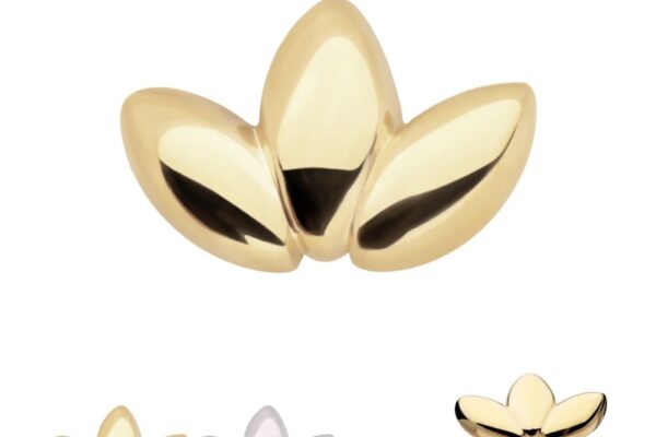 A shiny, three-petal 14K Lotus Flower Top stud earring is shown in gold, with smaller 14K Lotus Flower versions in gold, silver, and a mixed gold-silver color displayed below.