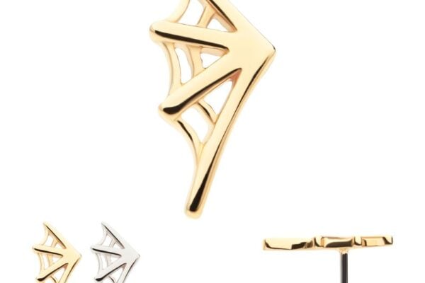 Three metallic stud earrings, shaped like stylized bat wings in gold and silver finishes, feature the 14K Spiderweb accent and are displayed from various angles against a white background.