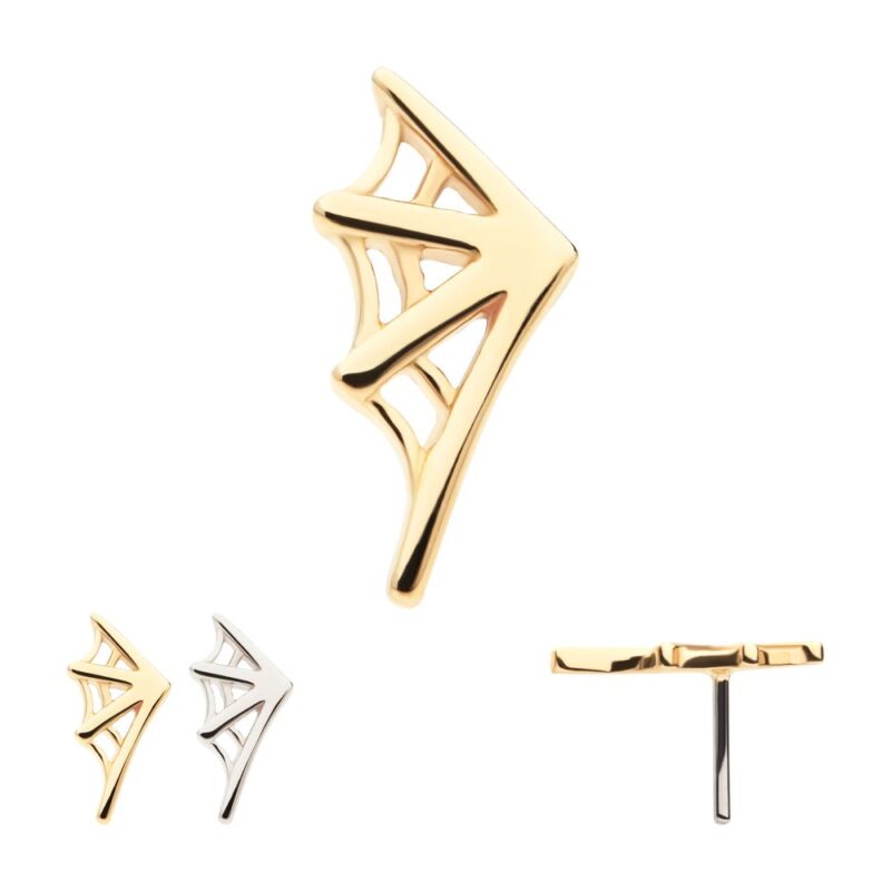 Three metallic stud earrings, shaped like stylized bat wings in gold and silver finishes, feature the 14K Spiderweb accent and are displayed from various angles against a white background.