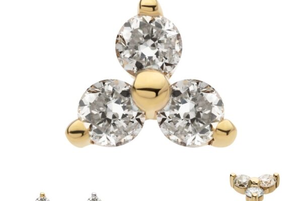 The 14K Trinity stud earring features three round, clear gemstones in a triangle. Shown in three views: front, back, and angled side.