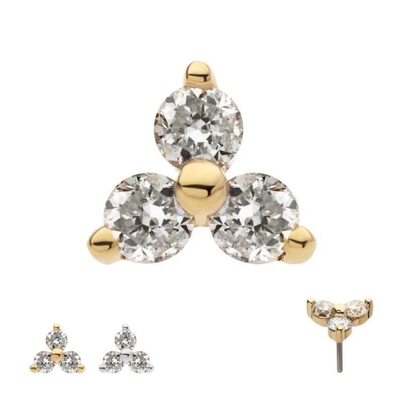 The 14K Trinity stud earring features three round, clear gemstones in a triangle. Shown in three views: front, back, and angled side.