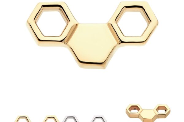 The 14K Honeycomb stud earring features a central hexagon with hexagonal loops on each side. Extra images display the earring in gold and silver, along with a side view highlighting the post.