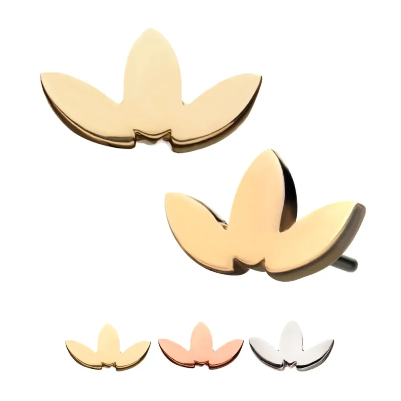Four metallic earrings with a three-petal lotus design and the 14K Flat Leaf Top are shown in gold, rose gold, black, and silver. The main focus is on the gold version, displayed from various angles.