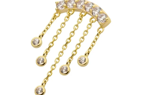 The 14K 6 Gem Curved Bar-5 Gem Dangle Chains features a curved bar set with 6 gems, from which five gem dangle chains hang, each ending in a round, clear gemstone.