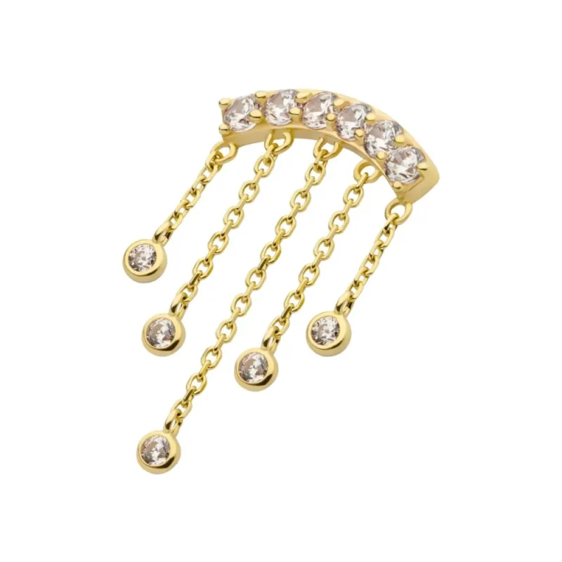The 14K 6 Gem Curved Bar-5 Gem Dangle Chains features a curved bar set with 6 gems, from which five gem dangle chains hang, each ending in a round, clear gemstone.