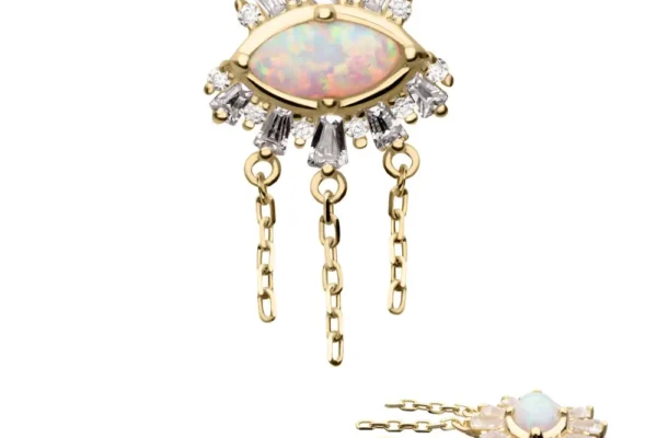 The 14K Evil Eye & Triple Dangle Chain earring features a central opal, white crystal surround, and three dangling chains. A side view showcases its thickness and the elegant chain detailing.