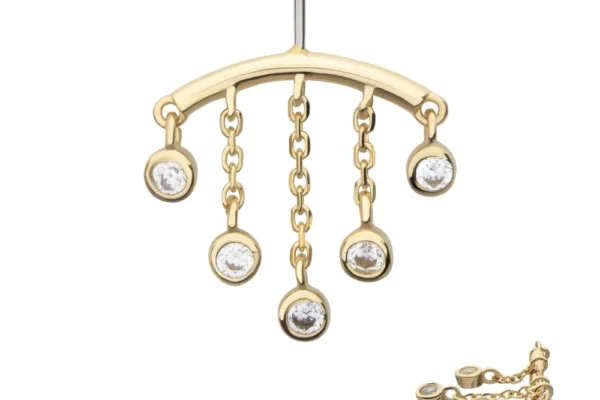 The 14K Curved Bar With 5-Chain & Dangle features five delicate chains hanging from a curved gold bar, each ending with a round clear gemstone. The ear post is visible at the top.