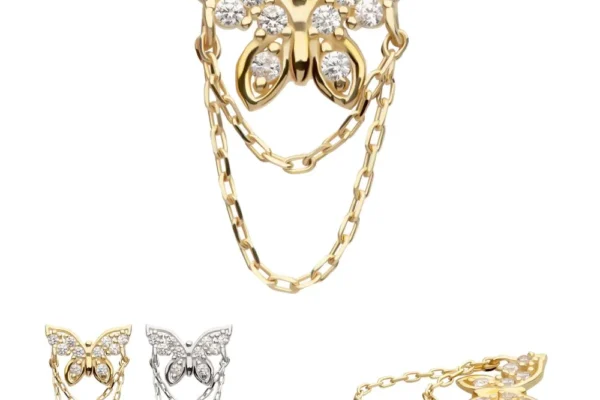 Three 14K Pave Butterfly & Chain Dangle brooches are displayed in gold, silver, and a gold side view, showcasing their delicate elegance and sparkling gemstone accents.