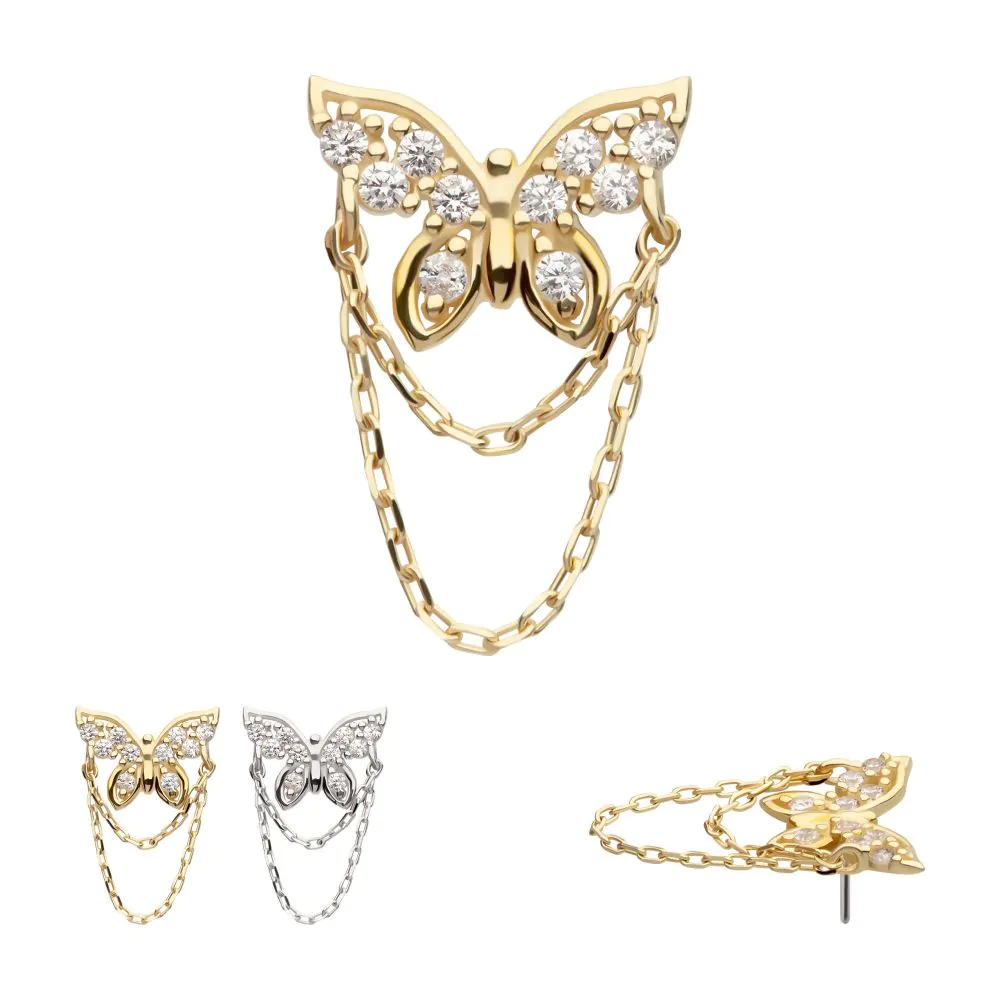 Three 14K Pave Butterfly & Chain Dangle brooches are displayed in gold, silver, and a gold side view, showcasing their delicate elegance and sparkling gemstone accents.