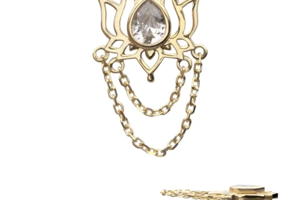 The 14K Lotus Flower Top & 2 Tier Chain Dangle features a clear teardrop gem at the center and two layered chain dangles below; a side view shows the stud post and delicate, cascading chains.