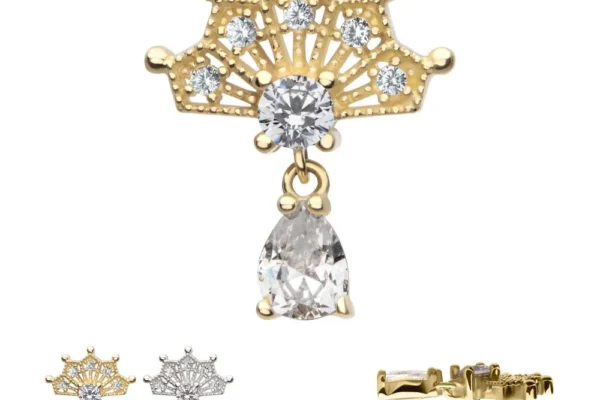The 14K Fan-Teardrop Gem Dangle earring features a gold crown-shaped stud with tiny round gems and a teardrop dangle. Three views highlight its detailed design and secure post.