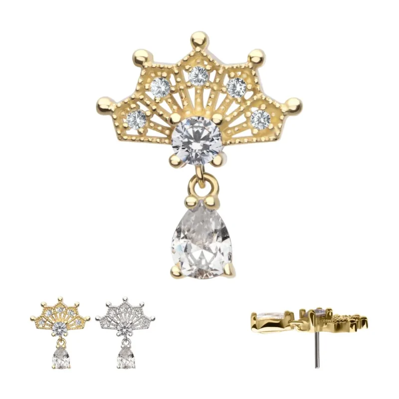 The 14K Fan-Teardrop Gem Dangle earring features a gold crown-shaped stud with tiny round gems and a teardrop dangle. Three views highlight its detailed design and secure post.