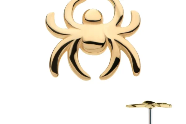 The 14K Spider stud earring features a shiny gold spider design, displayed from the front and side to showcase its intricate details and post.