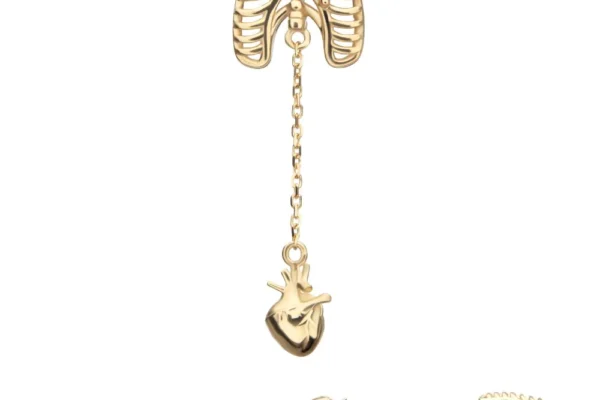 The 14K Heart Rib Cage-Dangle Heart earring features a ribcage design with a red gemstone heart, linked by a chain to an anatomical heart charm. Displayed from front and side views on a white background.