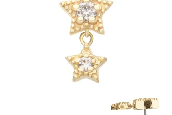 The 14K Double Star Dangle gold earring showcases two dangling star shapes with central clear gemstones and decorative beading, complete with a visible post and butterfly back.